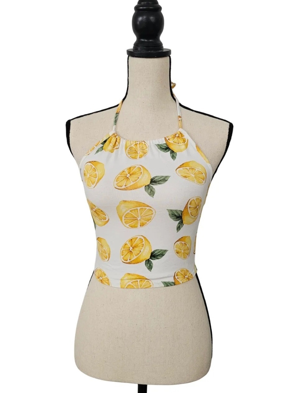 Forever 21 White Lemon Print Halter Crop Cami